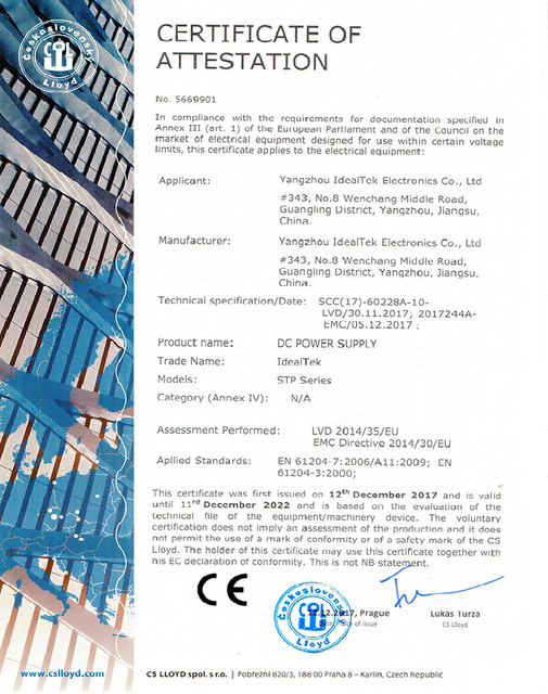 CE Certificate Of STP Series DC Power Supplies